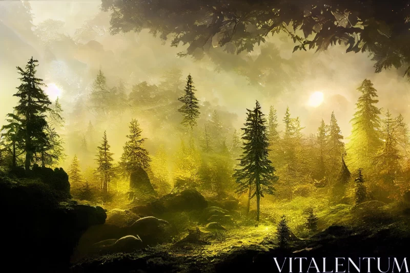Mystical Forest Landscape in Sunlight AI Image