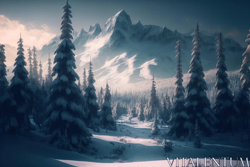 Snow Covered Forest and Mountain - A Winter Wonderland AI Image