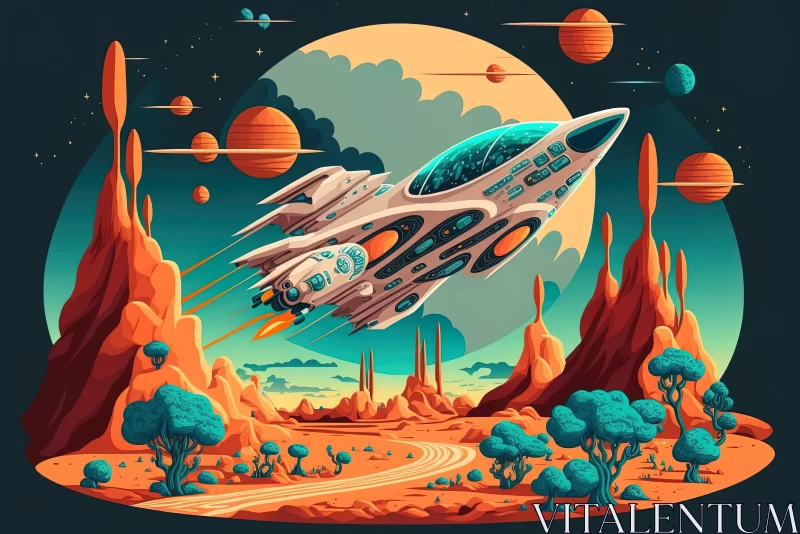 Spaceship Journeying Towards a Desert - Vintage Pop Art Illustration AI Image