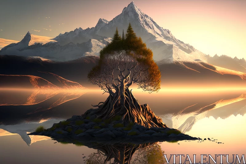 AI ART Surreal Wilderness: Tree Growing from Water Amidst Mountainous Vistas