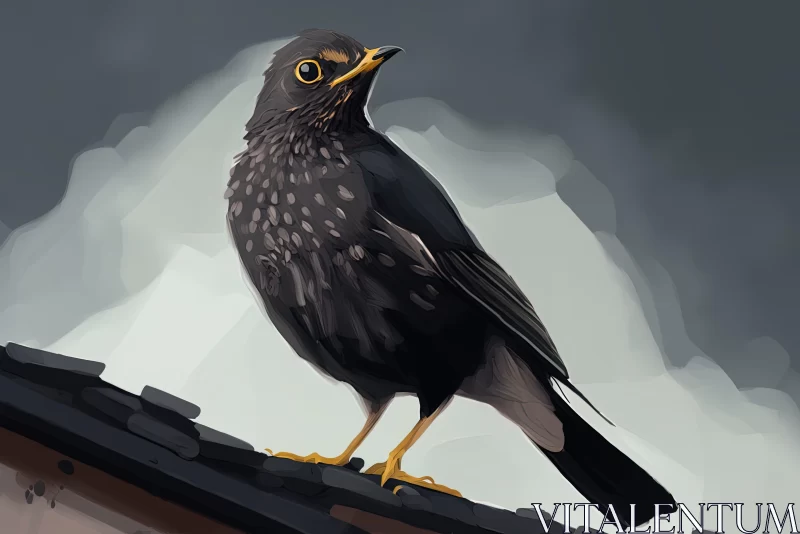 Black Bird on a Roof - Digital Painting Artwork AI Image
