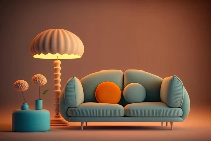 Surreal 3D Living Room Scene - Light Orange and Blue