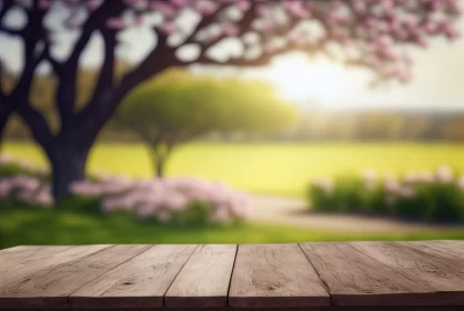 Wooden Table Amidst Cherry Trees - A Serene Nature Scene
