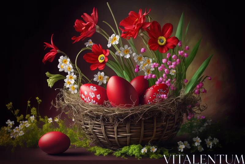 Easter Celebration: Red Eggs and Floral Basket AI Image