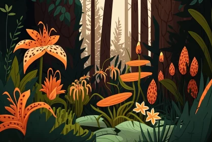 Exotic Forest Scene: Cartoon Illustration with Colorful Flora and Fauna