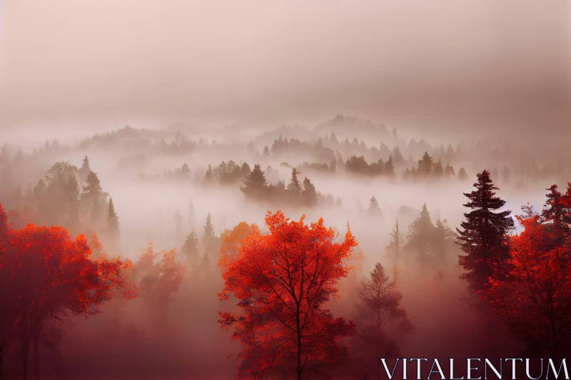 Mesmerizing Forest Valley Covered in Mist and Red Trees AI Image
