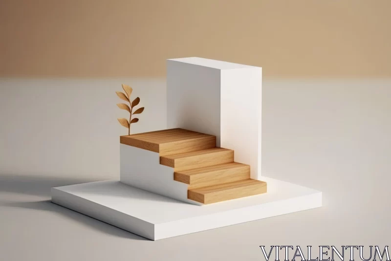 Minimalist Wooden Stairs with Plant - 3D Representation AI Image