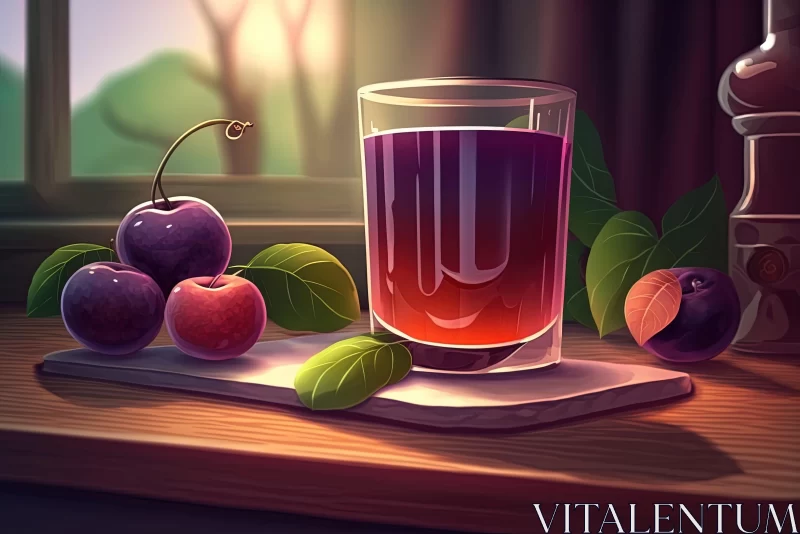 2D Game Art Styled Food Illustration - Glass of Juice and Plums AI Image