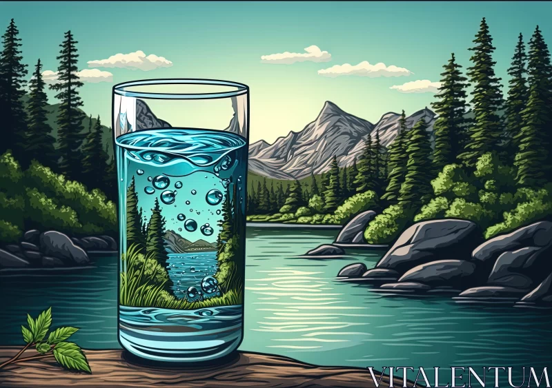 Comic Style Nature Illustration: Glass of Water by the Lake AI Image