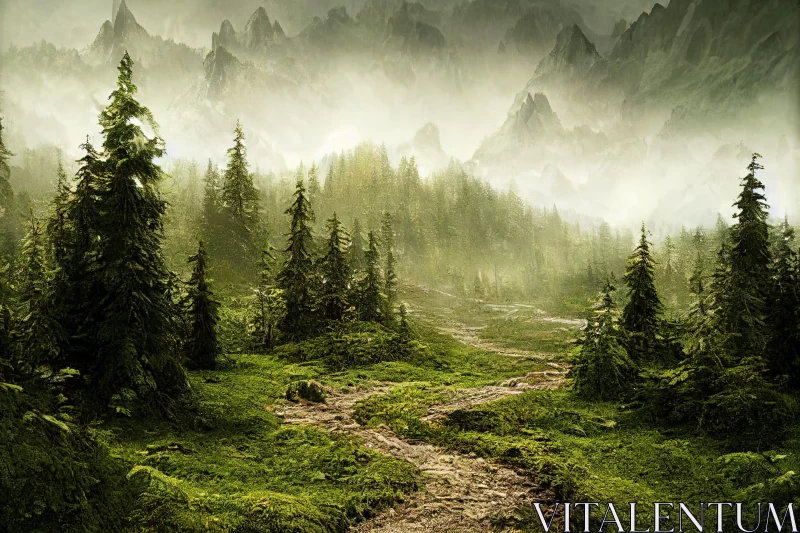 Enchanting Fantasy Landscape with Foggy Mountain Path AI Image