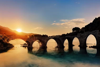 Historical Romanticism in Sunset Bridge, Greece AI Image