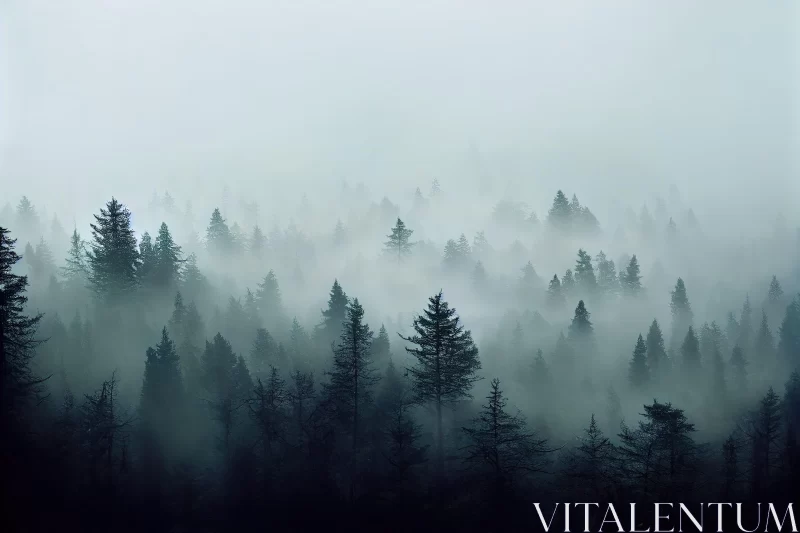 Mystic Foggy Forest with Pine Trees and Teal Hues AI Image