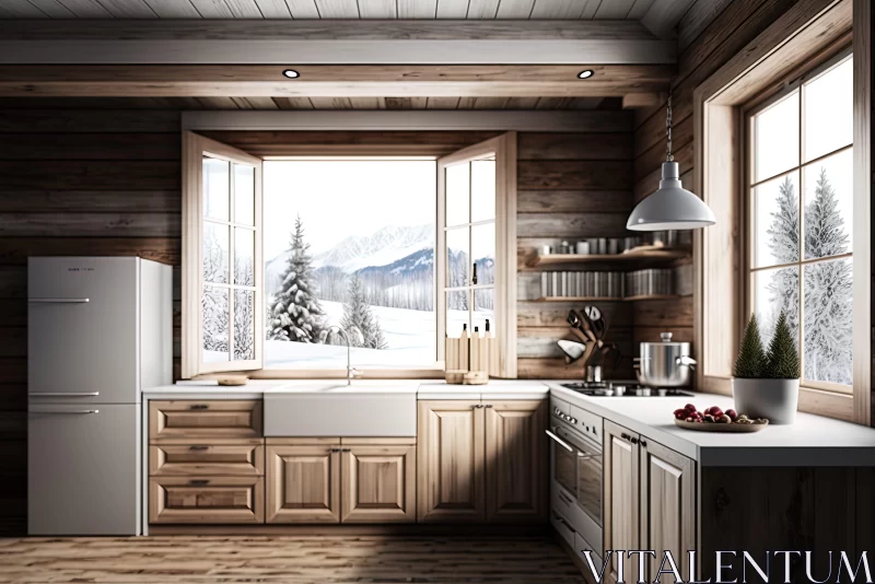 Rustic Kitchen in Snow-Covered Log Cabin AI Image