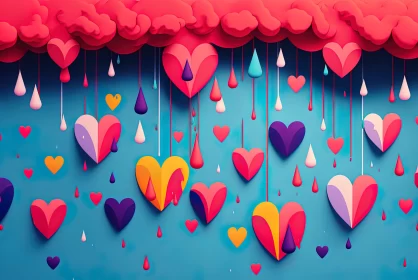 Cartoonish Paper Hearts in Colorful Dreamscape: A Romantic Illustration AI Image