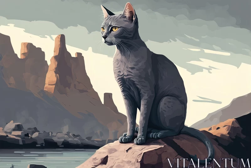 Grey Cat on Rock with Mountain and Water Backdrop AI Image