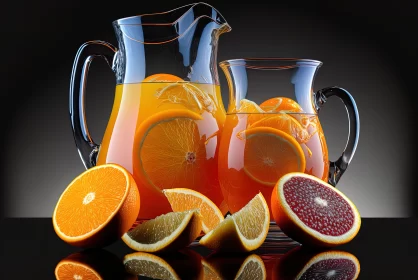 Hyperrealistic Artwork of Pitchers Pouring Orange Juice AI Image