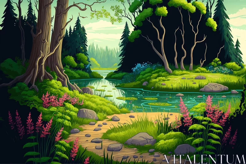 Lush Forest Landscape - Cartoon Style Artwork AI Image
