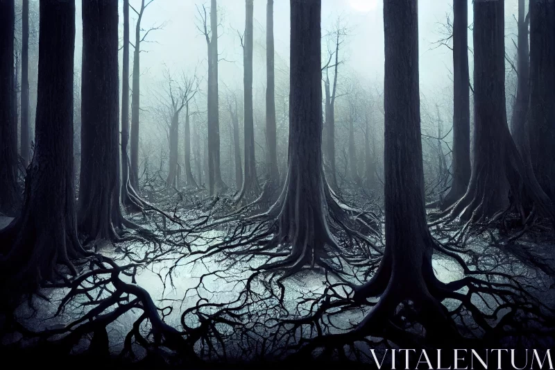 Mysterious Dark Forest with Detailed Environments and Slender Roots AI Image