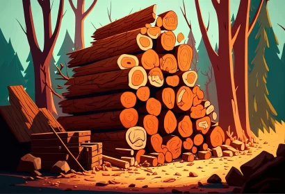Cartoon-Style Forest Scene with Pile of Wood