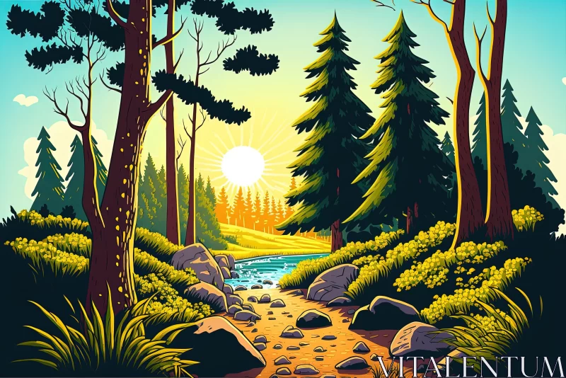 Sunset over Forest and River: A Colorful Wilderness Illustration AI Image