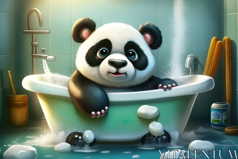 Adorable Cartoon Panda in Bathtub: A Detailed Isometric Illustration AI Image