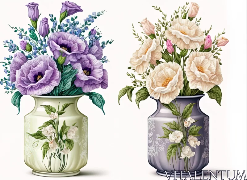 Detailed Floral Illustration: Purple and White Flowers in Vases AI Image