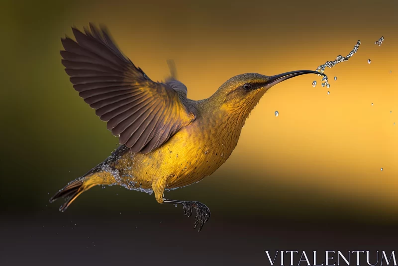 Golden Hummingbird in Flight Amidst Water Splash AI Image