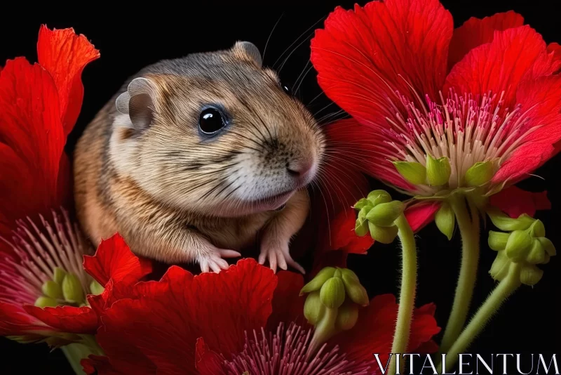 Hamster Amidst Red Flowers - A Study in Photo-Realism AI Image