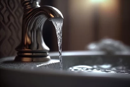 Realistic Depiction of Water Flowing from a Bathroom Faucet AI Image
