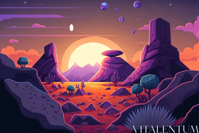 Space Age Cartoon Landscape with Bioluminescent Rocks AI Image