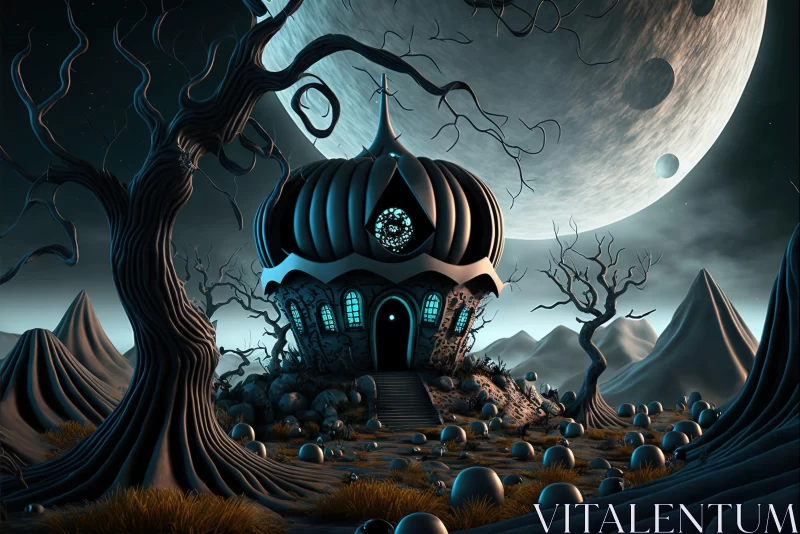 Surreal Halloween Night Scene with Moonlit House AI Image