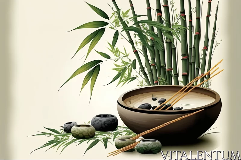 Tranquil Bamboo Bowl Illustration: A Fusion of East and West AI Image