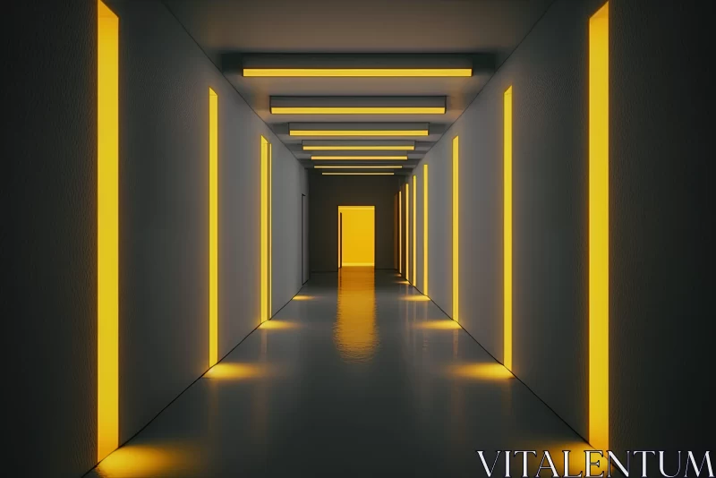 AI ART Yellow-Lit Interior Hallway - A Study of Light and Minimalism
