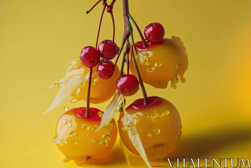 Cherries Dripping in Liquid on a Warm Yellow Background AI Image