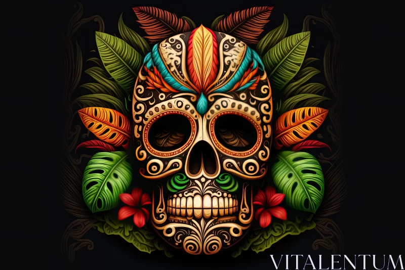 Colorful Mexican Sugar Skull with Tropical Leaves Artwork AI Image
