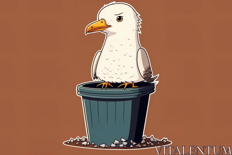 Comical Seagull in Trash Can Illustration AI Image