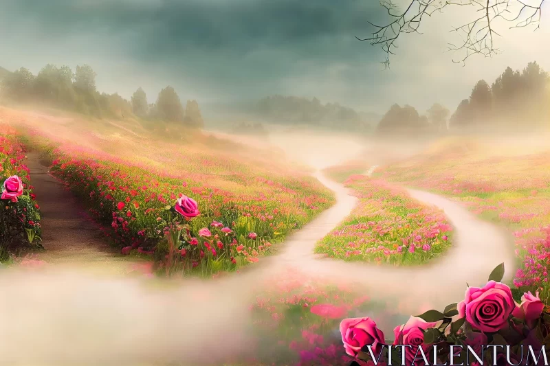Fantasy-Inspired Art: Pathway with Pink Roses in Misty Landscape AI Image