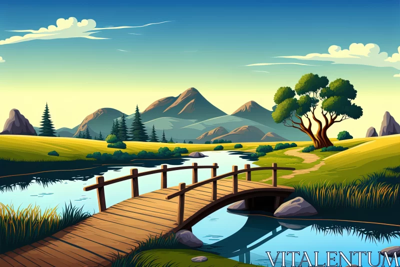 Tranquil Pastoral Landscape with Wooden Bridge Illustration AI Image