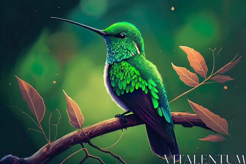 Green Hummingbird on a Branch - Detailed Game Art Illustration AI Image