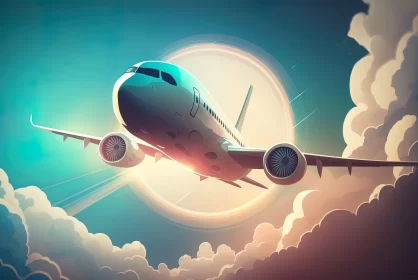 Illustration of Airplane Flying in Stylized Sky AI Image