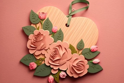 Wood Cutout Heart with Pink Roses - Luxurious Wall Hanging AI Image