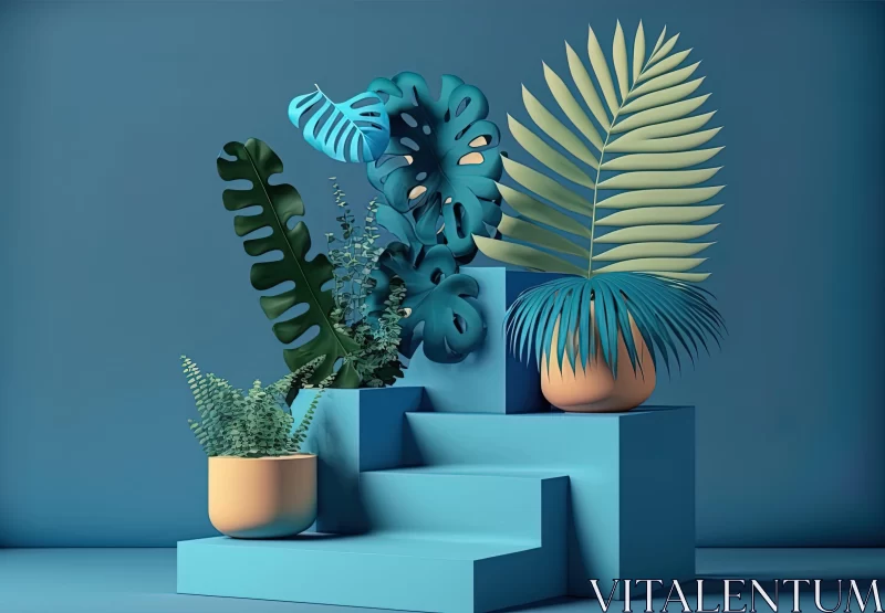 3D Tropical Foliage Artwork on Blue Backdrop AI Image