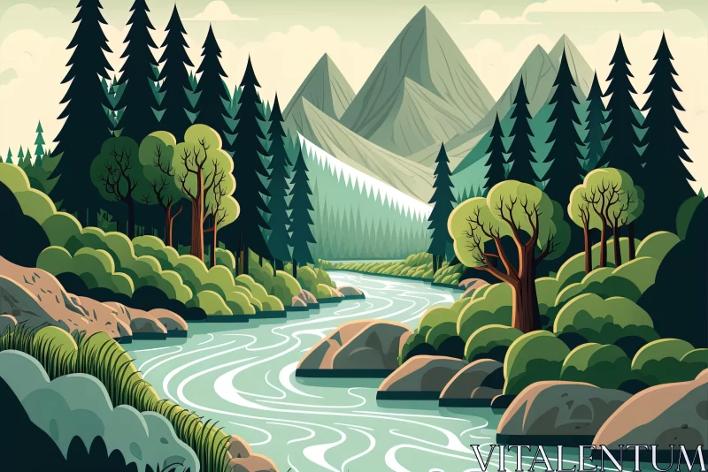 Bold Graphic Illustration of a River Flowing Through a Forest AI Image