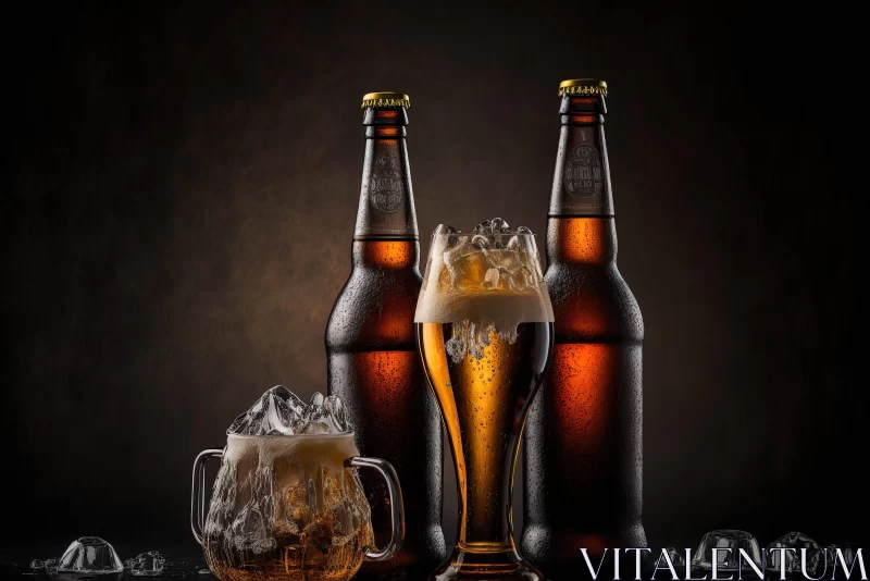AI ART Classic Still-Life: Glass of Beer with Beer Bottles on a Dark Surface