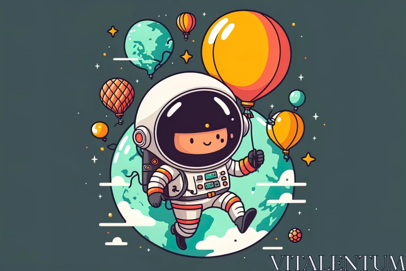 Cute Cartoon Astronaut Artwork with Balloons in Earth Tones AI Image