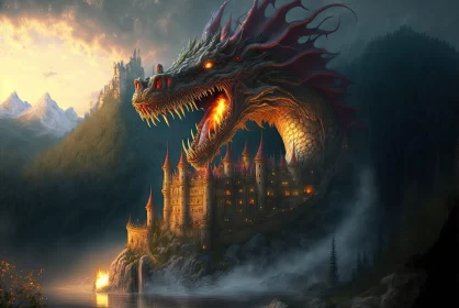 Dragon in Front of an Ancient Castle - Mystical Illustration AI Image