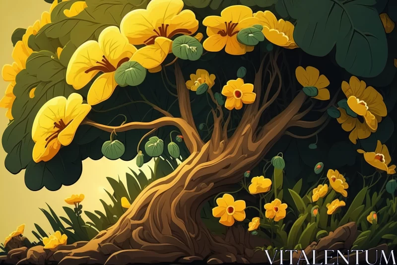 Exotic Fantasy Landscape with Cartoon Tree and Yellow Flowers AI Image