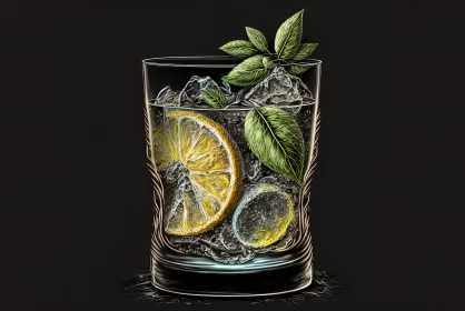 Hand-Drawn Olive & Mint Cocktail Illustration in Silver and Yellow AI Image