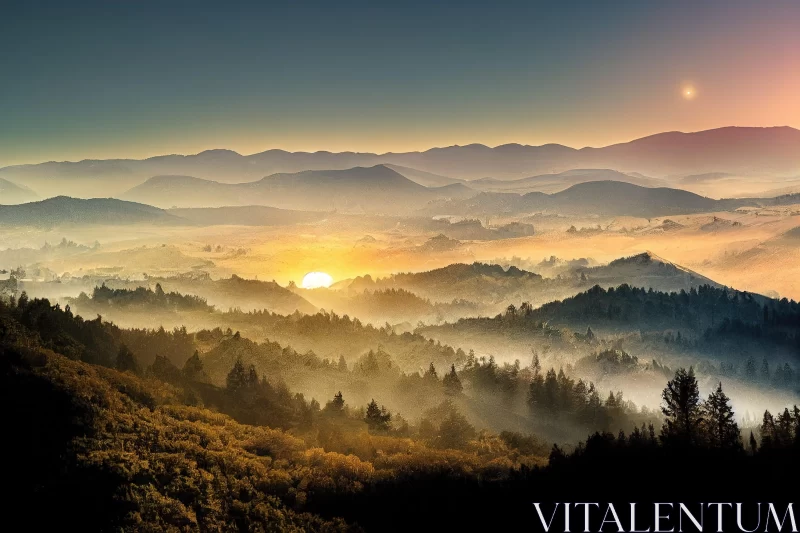 Sunrise Over Foggy Valley - A Golden Palette Landscape AI Image