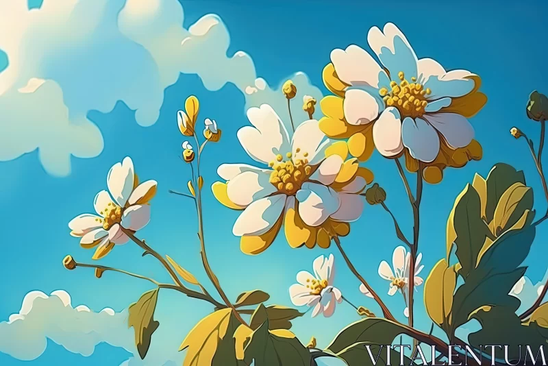 Charming Illustration of White Flowers against Yellow Sky AI Image